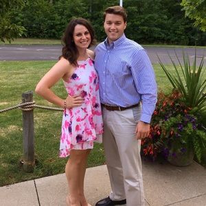 Pink white and navy watercolor floral dress